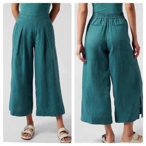 Athleta Playa Linen Wide Leg Crop Pants Pleated Borealis Green size 6 Lagenlook
